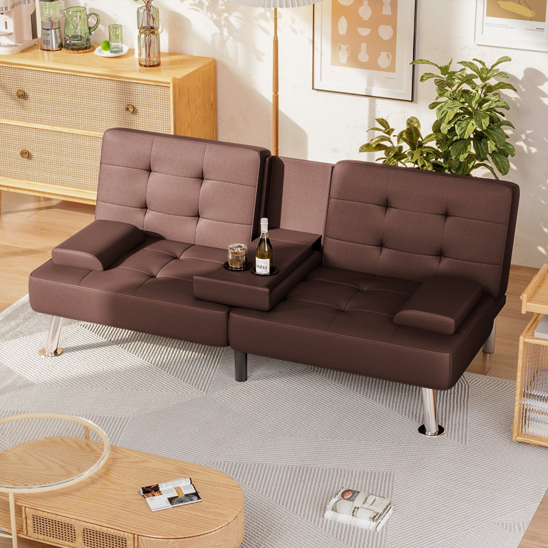 65" Futon Sofa Bed, Faux Leather Convertible Futon Couch with Removable Armrests, Loveseat Futon Sleeper Recliner for Living Room with 2 Cup Holders