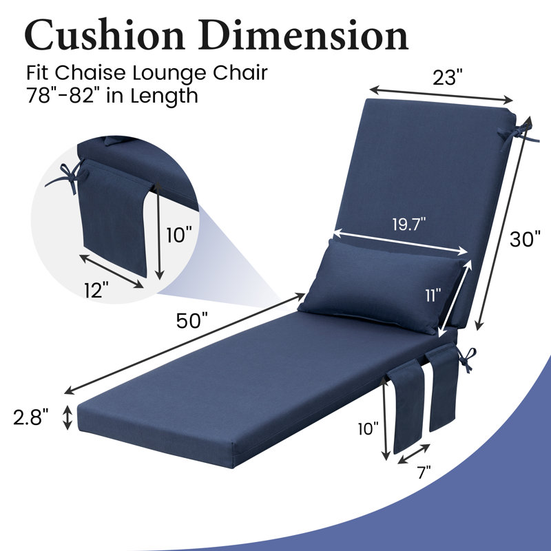 Outdoor Chaise Lounge Cushion with Pocket and Pillow, 23'' W X 80'' D , Navy