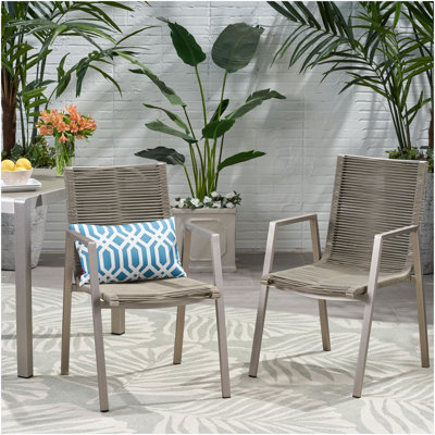 Chaise de salle à manger d'extérieur moderne en aluminium avec siège en corde (ensemble de 2), argent et taupe