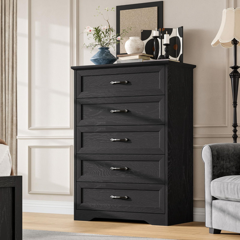Farmhouse 5 Drawer Dresser with Metal Handles, 44" Tall Wooden Storage Cabinet for Bedroom Living Room, Black