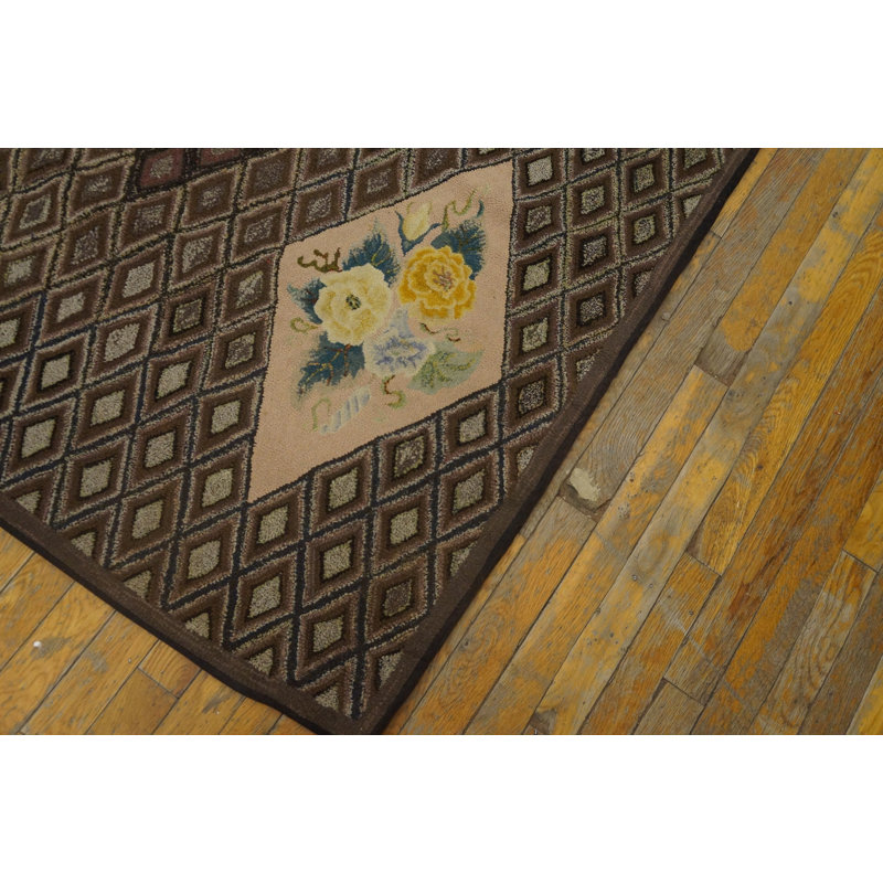 Gray Geometric Diamond Design With Ivory Floral Inlay Sections Antique American Folk Art Hooked Rug
