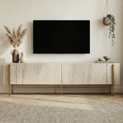 Meuble télé moderne avec pieds en métal, travertin et finition dorée, 70,9 po x 11,8 po x 17,7 po | 100% panneau de particules enduit de mélamine, design durable et élégant
