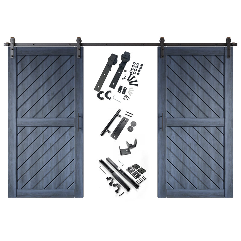 Homacer Navy Unassembled & Finished Slanted Stripe Design Two Barn Door with Non-Bypass Installation Hardware Kit, interior use only