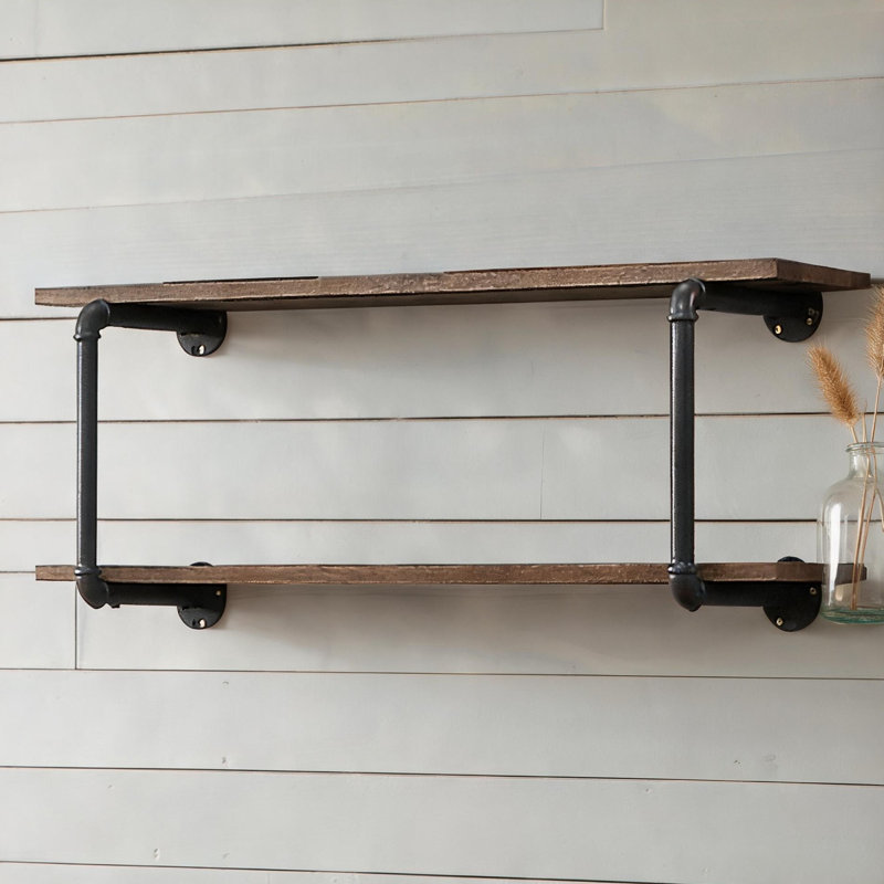 Étagère murale à 2 niveaux avec rangement compact en bois naturel et métal gris ardoise pour l'organisation à la maison