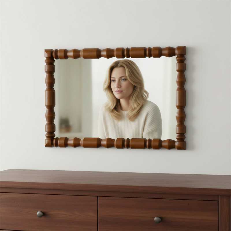 Miroir mural rétro en bois sculpté avec cadre colonne décoratif, adapté aux salons et aux entrées.