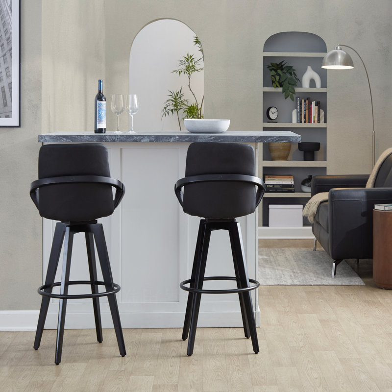 Tabourets de bar pivotants à hauteur fixe, structure en bois noir avec siège en similicuir noir, repose-pieds rond en métal, ensemble de 2, îlot de cuisine et tabouret de bar