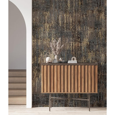 Charcoal & Gold Textured Wallpaper Distressed Industrial Metallic Non-Woven Wallpaper -17.7in x 393ft