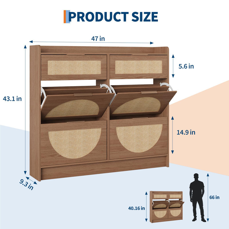 Rattan Shoe Storage Cabinet, Narrow Flip Drawer Shoe Organizer with Adjustable Shelves for Entryway, Brown