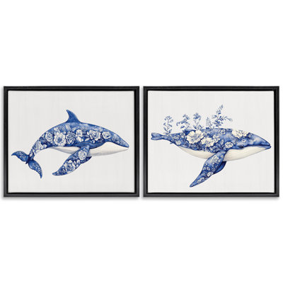 Blooming Toile Pattern Whales 2pc Floating Frame Set, design by Lettered and Lined