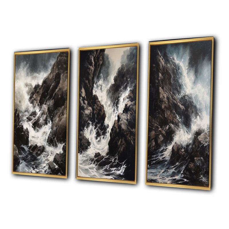«Crashing Rocky Coastline», 3 pièces sur toile, Cadre flottant doré, H 40 po x l 60 po