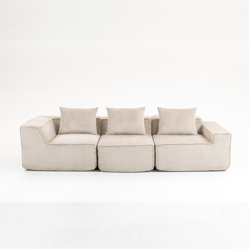 Art 3 - Siège en velours côtelé avec mousse souple, structure entièrement compressée, tissu luxueux beige pour plusieurs personnes, design décontracté