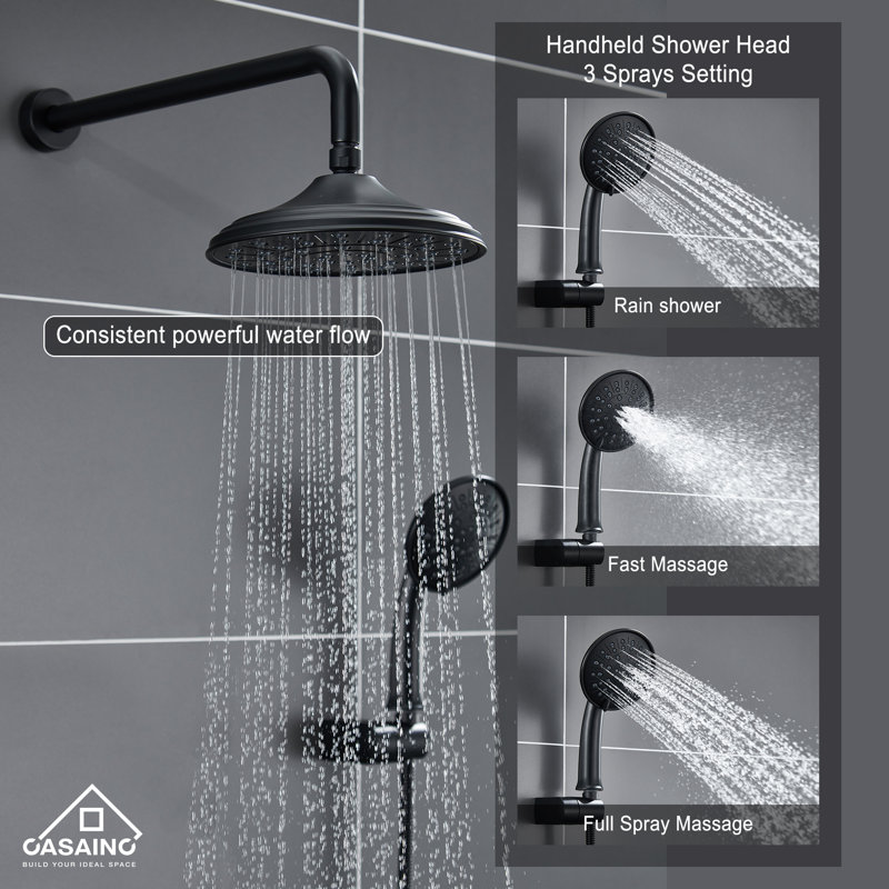 Matte Black Wall-Mounted Rain Shower System with Handheld
