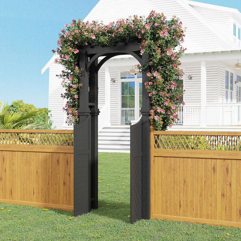 Wooden Garden Arbour with Gate & Trellis Arch for Climbing Plants, Outdoor Decor for Yard & Patio, Grey
