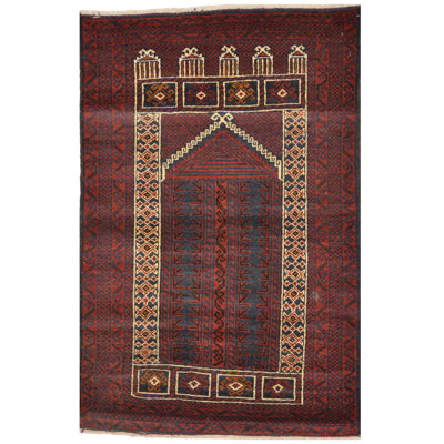 Tapis de zone en laine rouge 2 pi 8 po x 4 pi 1 po one-of-kind à la main noué la balouchi Bauza