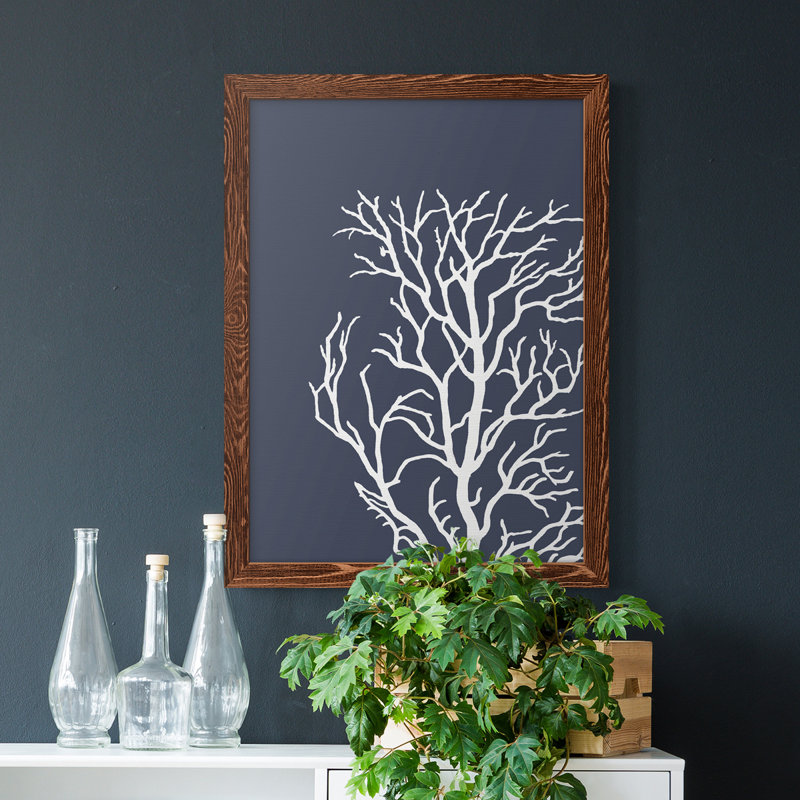 Coraux blancs sur toile indigo bleue C de qualité supérieure - prêts à être accrochés, Cadre en érable