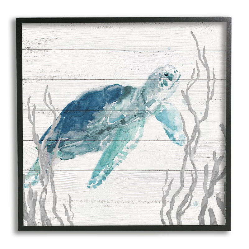 Sea Turtle Ocean Botanicals Black Framed Canvas Art, 12" x 12"