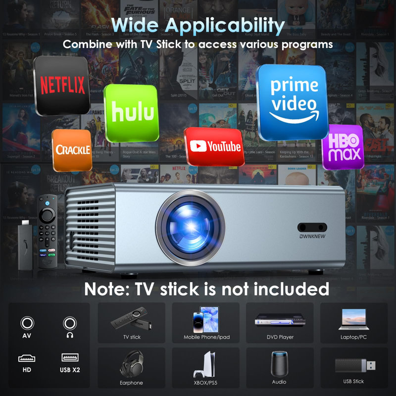 Projecteur de soutien 4K avec Wi-Fi 6 et Bluetooth 5,3, projecteur de film natif d'extérieur 1 080P, correction automatique de la distorsion trapézoïdale, foyer électrique, jeu vidéo portatif