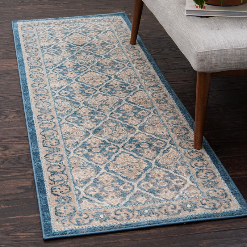 Tapis oriental bleu / beige Pastrana, Tapis de couloir 2 pi 7 po x 10 pi