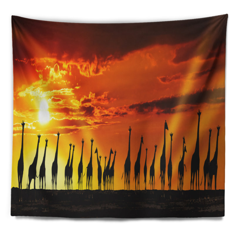Tapisserie de girafes coucher de soleil avec accessoires suspendus en polyester africain, 68" H x 80" W
