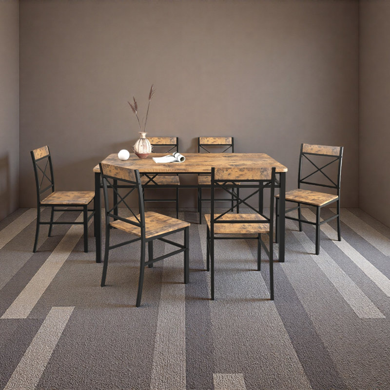 Ensemble de table de salle à manger avec 6 chaises, table de salle à manger avec structure en métal solide et panneau de fibres à densité moyenne pour un petit espace, facile à assembler