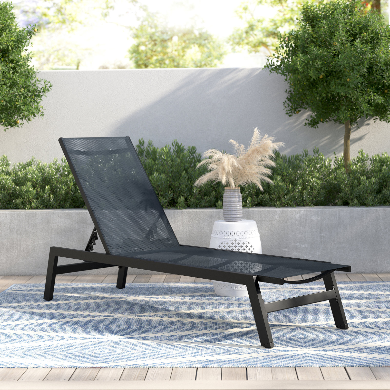 Yves 23.23" Outdoor Aluminum Chaise Lounge, Black