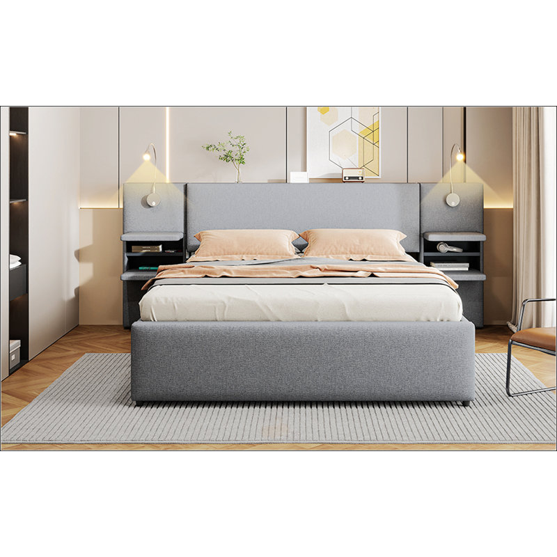 Grand lit plateforme tapissier avec lumières de lecture
