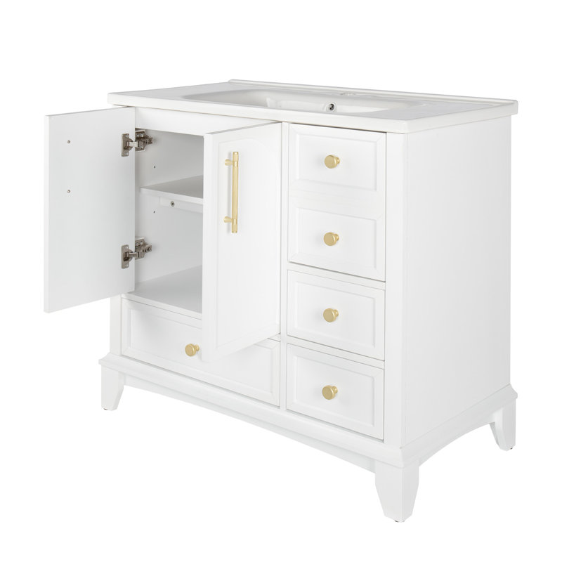Meuble-lavabo de 35,6 po, style Mid-Century, autoportant, finition peinte, grand espace de rangement, lavabo profond, tablettes réglables, surface d'usure intégrée White Century, blanc, facile à installer