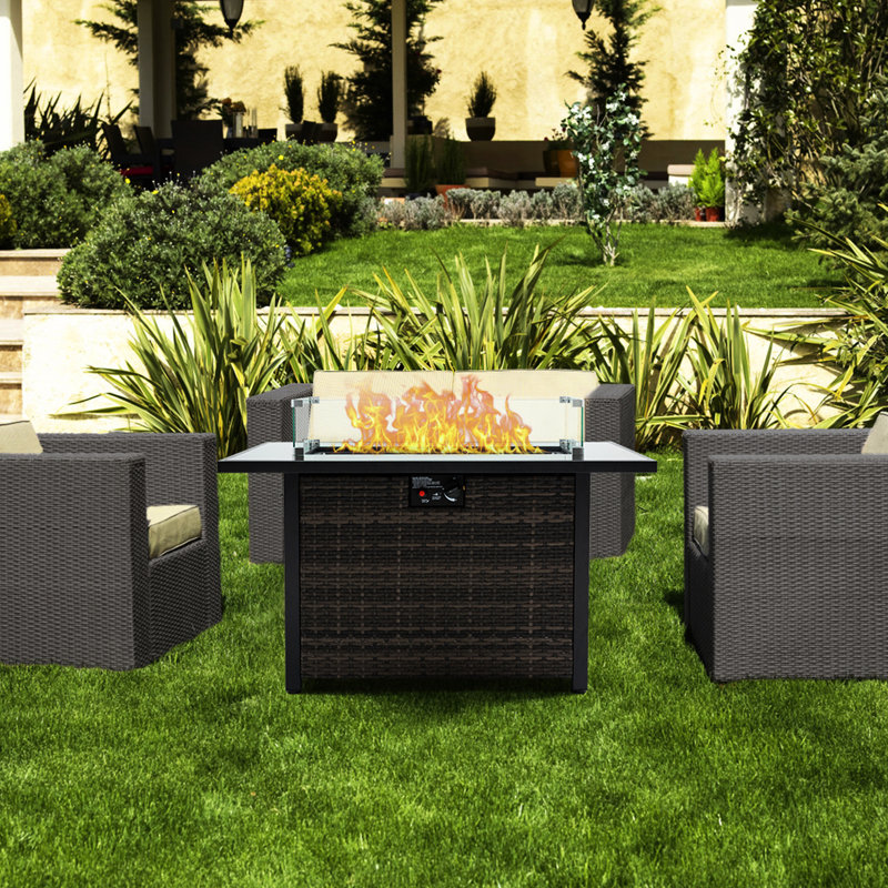 50,000 Propane Gas Fire Table, Outdoor Fireplace With Lid And Glass Wind Guard, Base For Garden Patio Backyard, Stylish Design Modern Pit , Guard Elegant Look