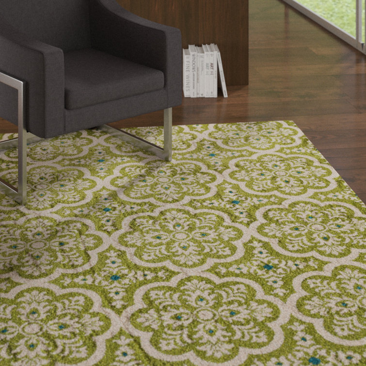 Tapis floral vert vif / blanc / bleu Merdasa