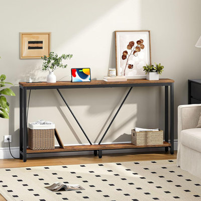 63" Extra Long Sofa Console Table With Charging Station, 2-tier Behind Couch Table With V-brace, For Narrow Entryway, Hallway, Living Room, Rustic Bro by JES ENTERPRISES