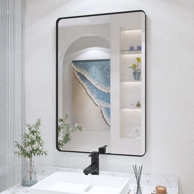 Miroir de salle de bain mural et d'angle Lesamuel, 24 po x 36 po, Noir, Rectangulaire
