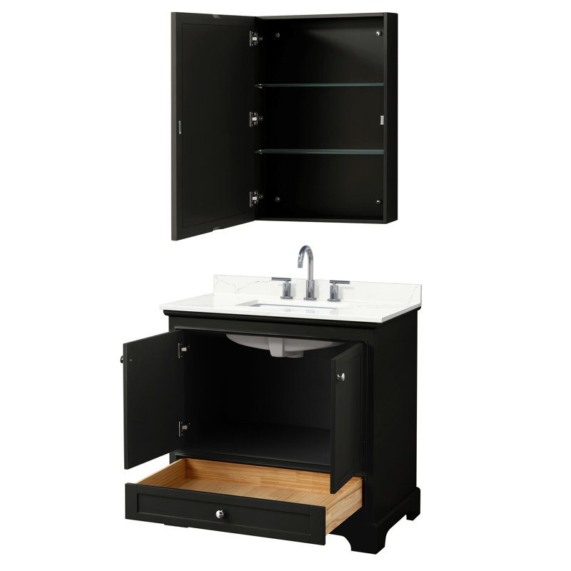 Ensemble de meuble-lavabo autoportant simple Deborah avec plateau en quartz et miroir, Quartz blanc, Chrome poli