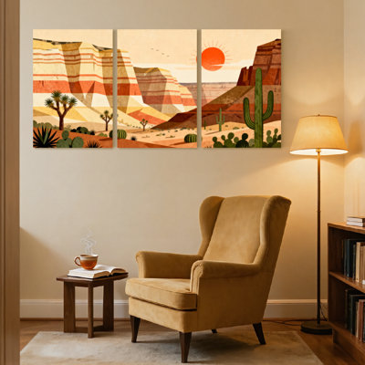 Paysage et nature, paysage désertique avec cactus et montagnes, ensemble de 3 impressions sur toile