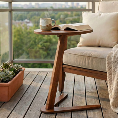 C-Shaped Solid Wood End Table – Handmade Side Table in Chestnut for Living Room