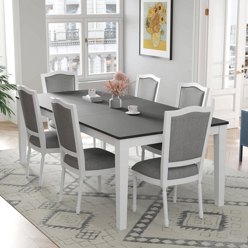 Rustic And Functional 7-Piece Extendable Dining Table Set With Removable Leaf, Upholstered Chairs, And Built-In Drawers For Family Gatherings And Entertaining