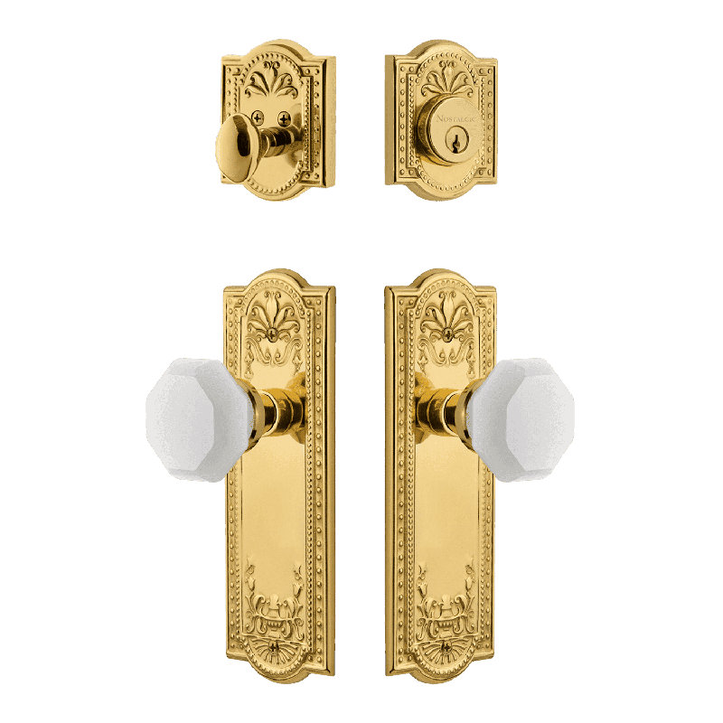 Nostalgic Warehouse Meadows Entry Set with White Waldorf Crystal Knob, Polished Brass, 2.375