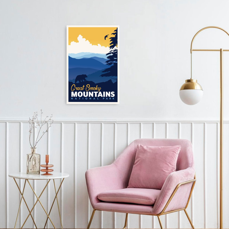 Golden Sky Mountain Bear Abstract Contemporary Bear Bird Landscape Mountain Wall Art Print by Retrodrome - Wrapped Canvas Print