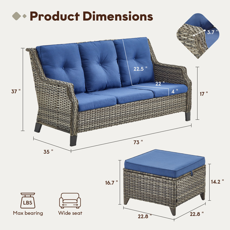 Carlston 73'' Outdoor Wicker Patio Sofa with Otomans and Cushions