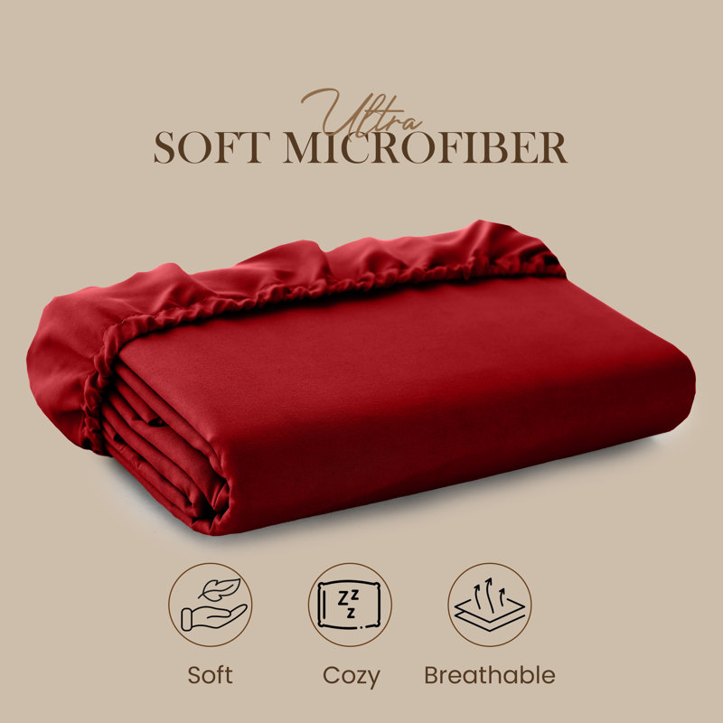 25cm Deep Pocket Fitted Sheet - Soft Microfiber Elasticated Bed Sheet Bottom, Double (4'6), Red