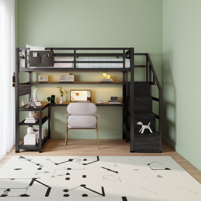 Lit mezzanine double avec escalier et garde-robe, lit mezzanine en métal avec bureau, tablettes de rangement, lumières DEL et station de charge