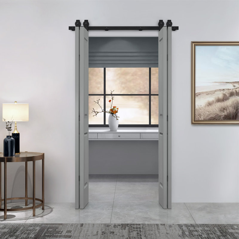 Light Gray MDF Double Bi-Fold Barn Door with Black Hardware
