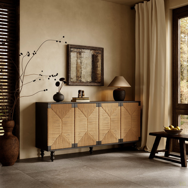Accent Sideboard Buffet Cabinet Storage Wood TV Stand In Wire-Brushed And Seagrass Doors Sideboard, For Hallway, Entryway Or Dining Room
