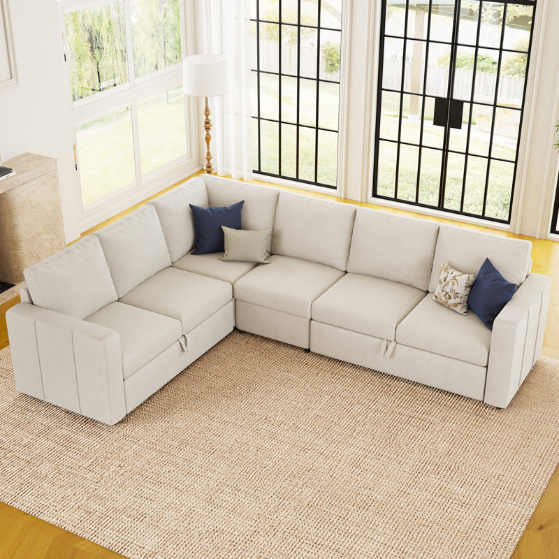 L-Shaped Modular Sleeper Sectional, Velvet - Beige
