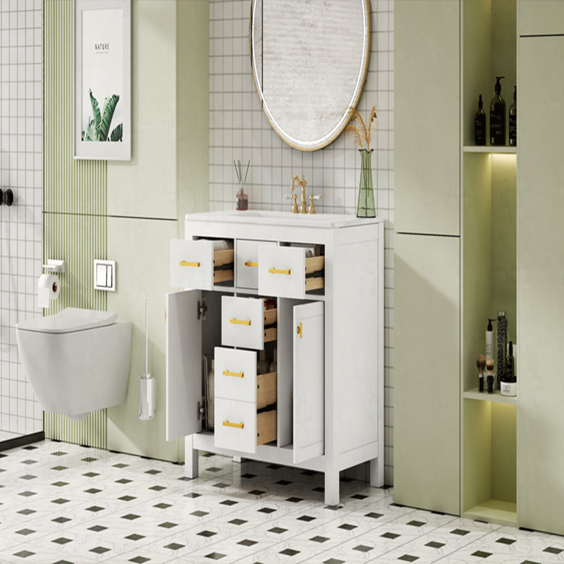 Ensemble de meuble-lavabo 36 po avec lavabo en céramique 36 po, armoire de salle de bain simple autoportante moderne avec 4 tiroirs et 2 armoires, meuble de rangement pour salle de bain, ensemble de meuble-lavabo à cadre en bois massif, 