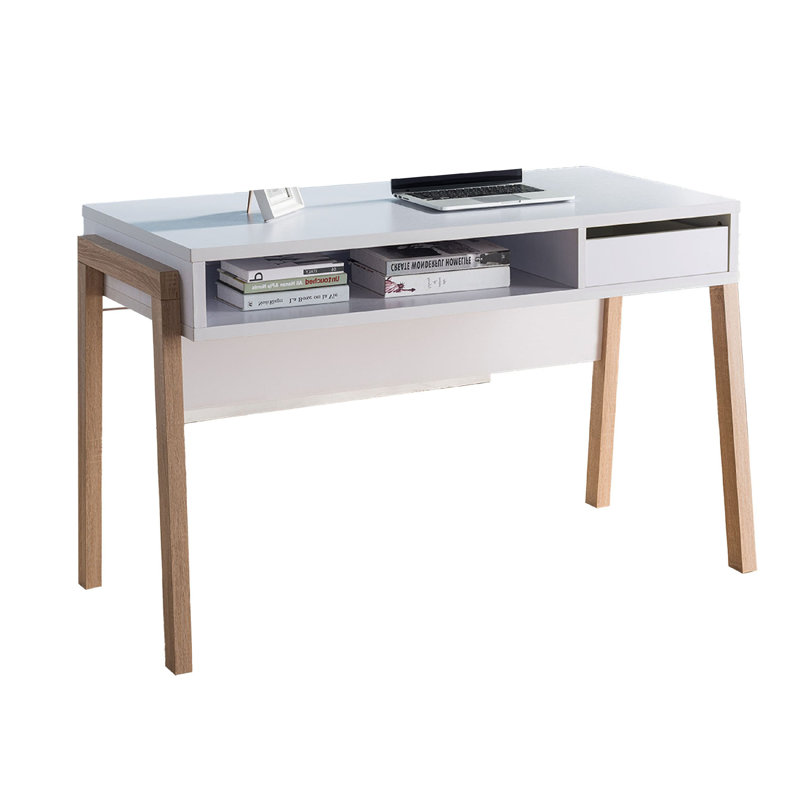 Bureau d'écriture, 1 tiroir et tablette ouverte, 47 po, blanc moderne et brun