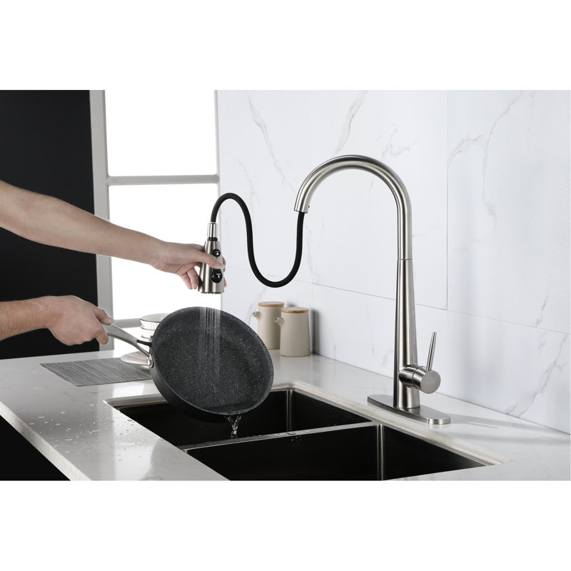 Single Handle Kitchen Sink Faucet With Pull Down Of Stainless Steel, High Nozzle Rotating 360, Three Water Output Settings For Washing And Rinsing In Kitchen, Easy Temperature