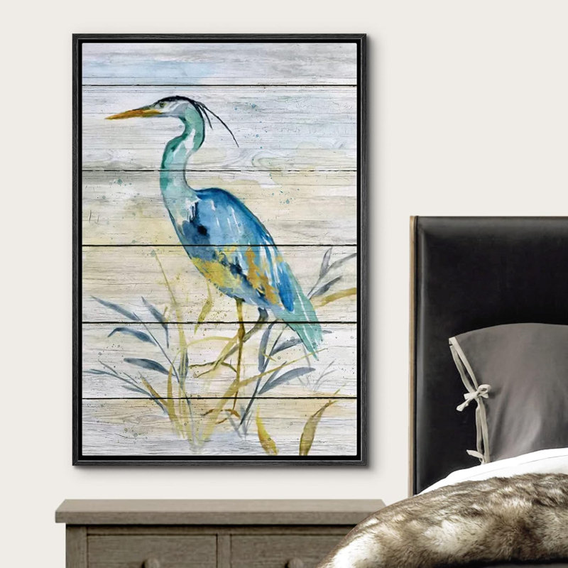 Panneau de bois rétro, grue de plage, moderne, zen rustique sur toile, H 24 po x l 16 po x P 1,5 po, Cadre flottant noir