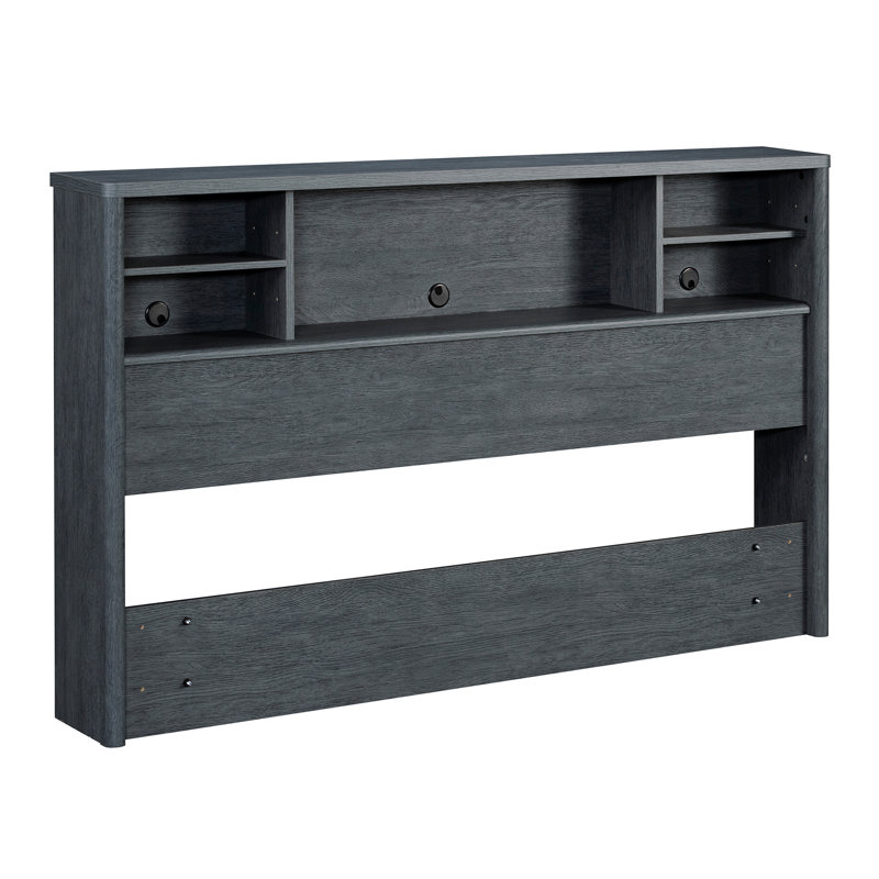 Tête de lit double / grande bibliothèque, finition denim + brun, tête de lit élégante, compartiments multifonctionnels, compatible avec les grands lits doubles, aspect gris contemporain, tablettes réglables, compacte, rapide