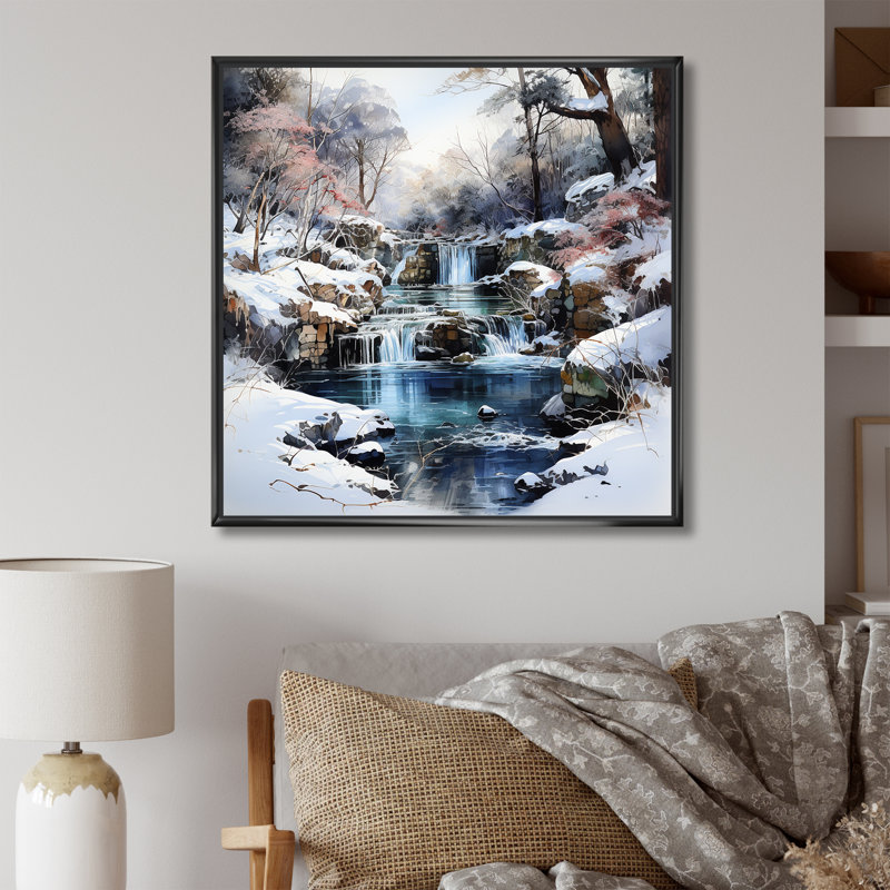 «Waterfall Charm In Winter», reproduction sur toile, H 16 po x l 16 po x P 1 po, Cadre flottant noir