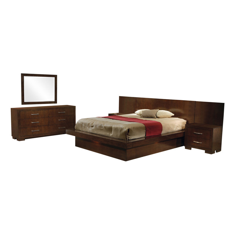 Ensemble de chambre à coucher Hafina en cappuccino, Grand, 5 pièces : Lit, 2 tables de chevet, commode, miro